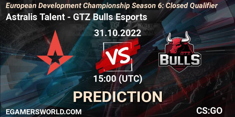 Astralis Talent vs GTZ Bulls Esports: Match Prediction. 31.10.2022 at 15:00, Counter-Strike (CS2), European Development Championship Season 6: Closed Qualifier