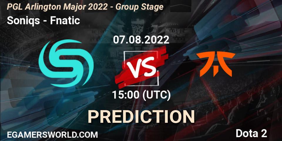 Soniqs vs Fnatic: Match Prediction. 07.08.2022 at 15:00, Dota 2, PGL Arlington Major 2022 - Group Stage