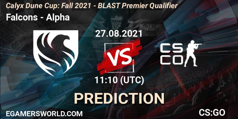 Falcons vs Alpha: Match Prediction. 27.08.2021 at 11:10, Counter-Strike (CS2), Calyx Dune Cup: Fall 2021 - BLAST Premier Qualifier