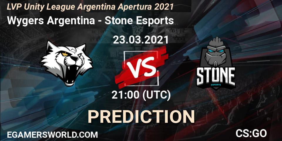 Wygers Argentina vs Stone Esports: Match Prediction. 23.03.2021 at 21:00, Counter-Strike (CS2), LVP Unity League Argentina Apertura 2021