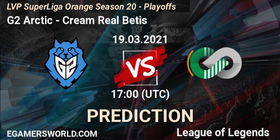 G2 Arctic vs Cream Real Betis: Match Prediction. 20.03.2021 at 17:00, LoL, LVP SuperLiga Orange Season 20 - Playoffs
