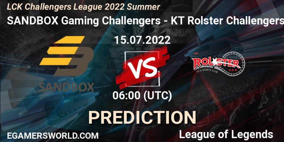 SANDBOX Gaming Challengers vs KT Rolster Challengers: Match Prediction. 15.07.2022 at 06:00, LoL, LCK Challengers League 2022 Summer