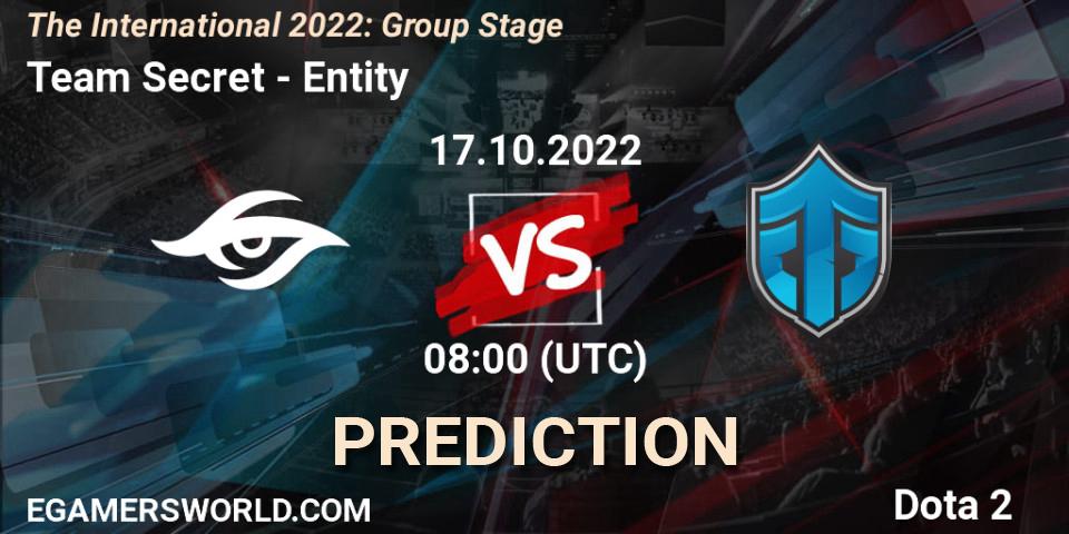 Team Secret vs Entity: Match Prediction. 17.10.2022 at 11:26, Dota 2, The International 2022: Group Stage
