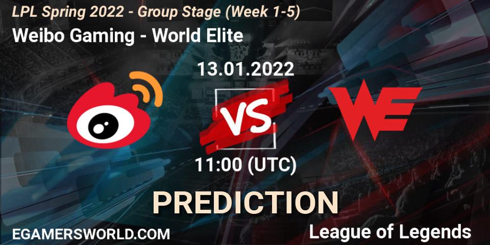 Weibo Gaming vs World Elite: Match Prediction. 13.01.2022 at 11:20, LoL, LPL Spring 2022 - Group Stage (Week 1-5)