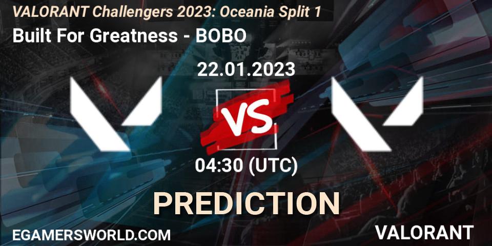 Built For Greatness vs BOBO: Match Prediction. 22.01.2023 at 06:30, VALORANT, VALORANT Challengers 2023: Oceania Split 1