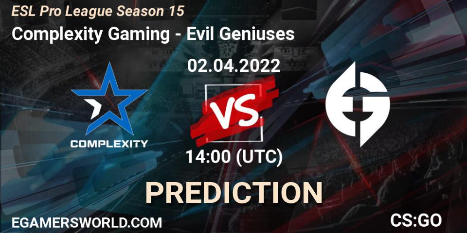 Complexity Gaming vs Evil Geniuses: Match Prediction. 02.04.2022 at 14:00, Counter-Strike (CS2), ESL Pro League Season 15