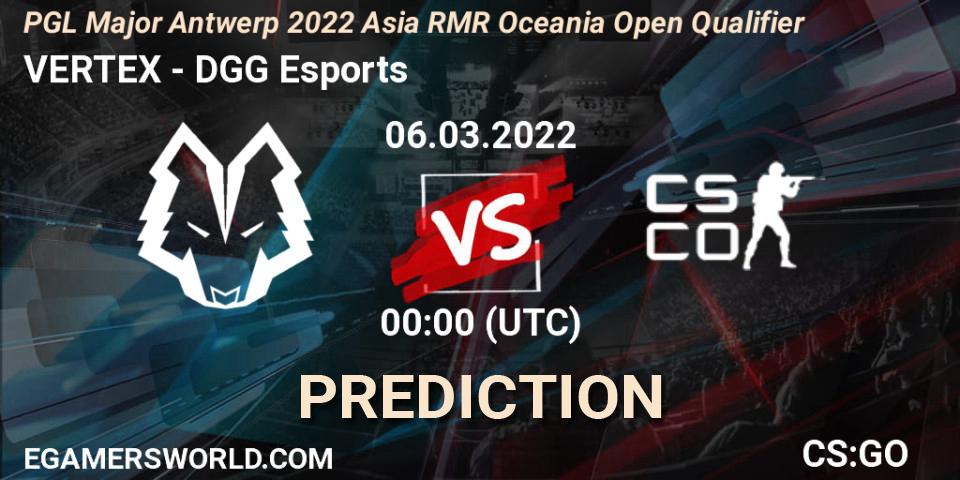 VERTEX vs DGG Esports: Match Prediction. 06.03.2022 at 00:05, Counter-Strike (CS2), PGL Major Antwerp 2022 Asia RMR Oceania Open Qualifier