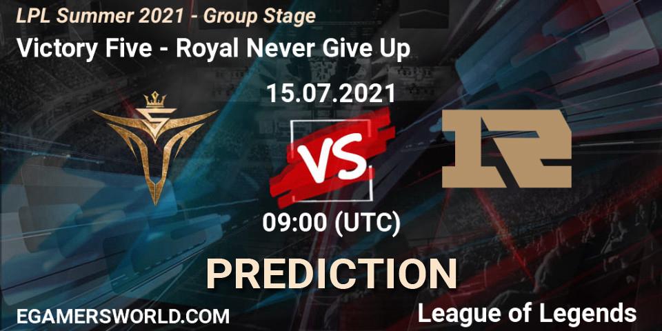 Victory Five vs Royal Never Give Up: Match Prediction. 15.07.2021 at 09:00, LoL, LPL Summer 2021 - Group Stage