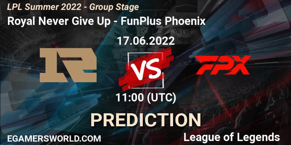 Royal Never Give Up vs FunPlus Phoenix: Match Prediction. 17.06.2022 at 11:00, LoL, LPL Summer 2022 - Group Stage