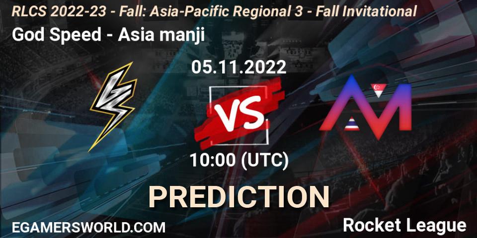 God Speed vs Asia manji: Match Prediction. 05.11.2022 at 10:00, Rocket League, RLCS 2022-23 - Fall: Asia-Pacific Regional 3 - Fall Invitational