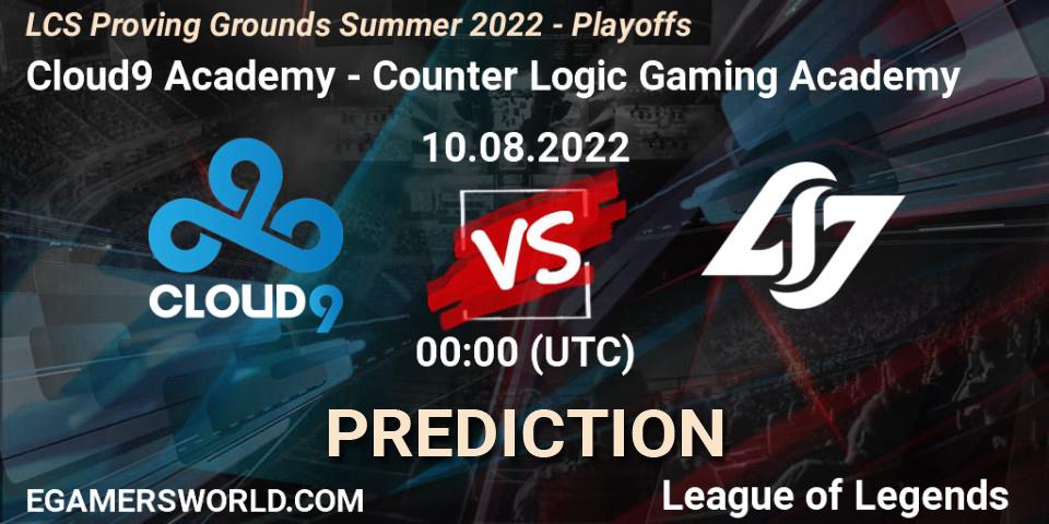 Cloud9 Academy vs Counter Logic Gaming Academy: Match Prediction. 10.08.2022 at 00:00, LoL, LCS Proving Grounds Summer 2022 - Playoffs