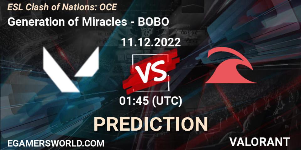 Generation of Miracles vs BOBO: Match Prediction. 11.12.2022 at 01:45, VALORANT, ESL Clash of Nations: OCE