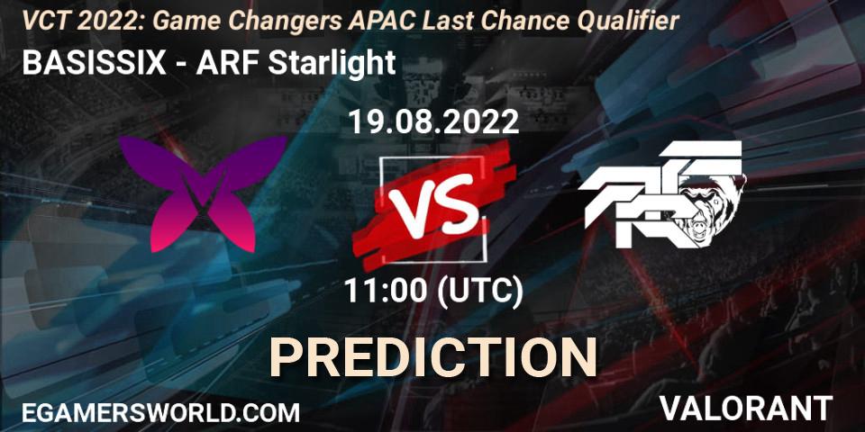 BASISSIX vs ARF Starlight: Match Prediction. 19.08.2022 at 11:00, VALORANT, VCT 2022: Game Changers APAC Last Chance Qualifier