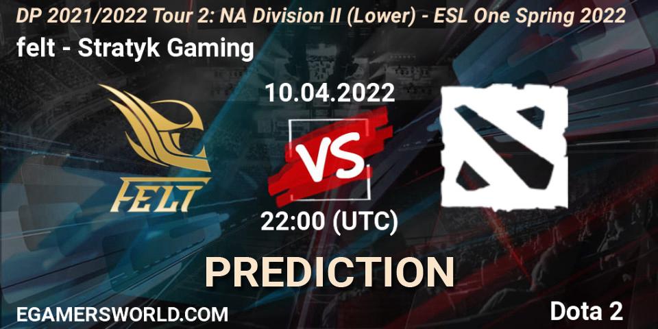 felt vs Stratyk Gaming: Match Prediction. 10.04.2022 at 21:55, Dota 2, DP 2021/2022 Tour 2: NA Division II (Lower) - ESL One Spring 2022