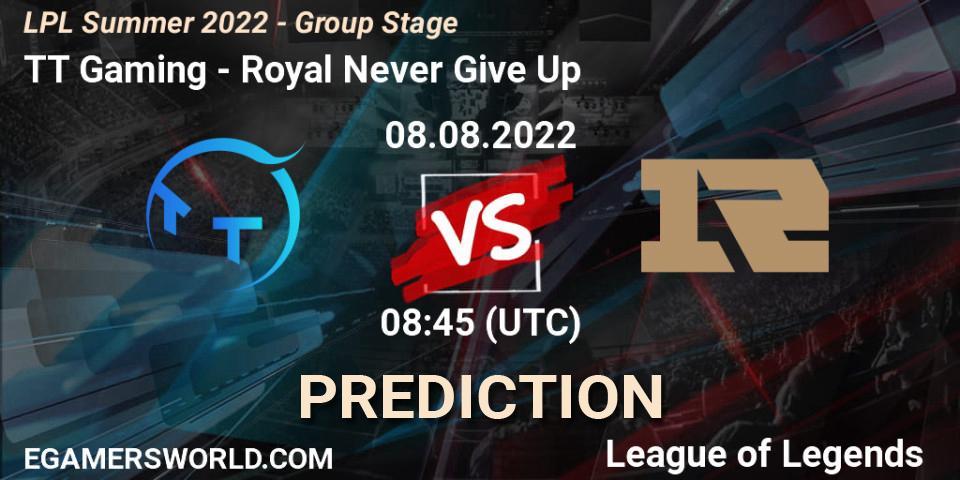 TT Gaming vs Royal Never Give Up: Match Prediction. 08.08.2022 at 09:00, LoL, LPL Summer 2022 - Group Stage