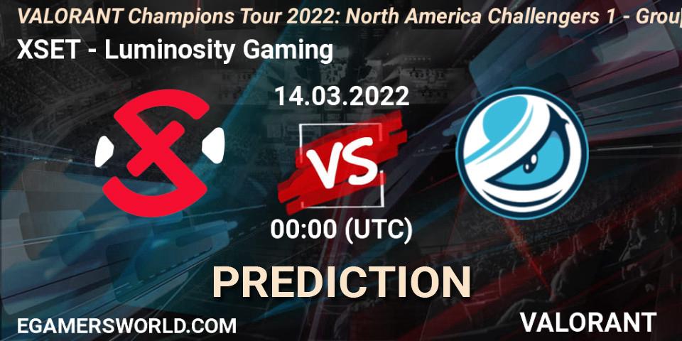 XSET vs Luminosity Gaming: Match Prediction. 13.03.2022 at 00:00, VALORANT, VCT 2022: North America Challengers 1 - Group Stage
