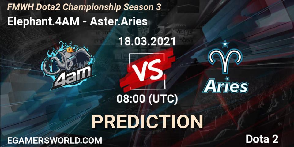 Elephant.4AM vs Aster.Aries: Match Prediction. 18.03.2021 at 07:02, Dota 2, FMWH Dota2 Championship Season 3