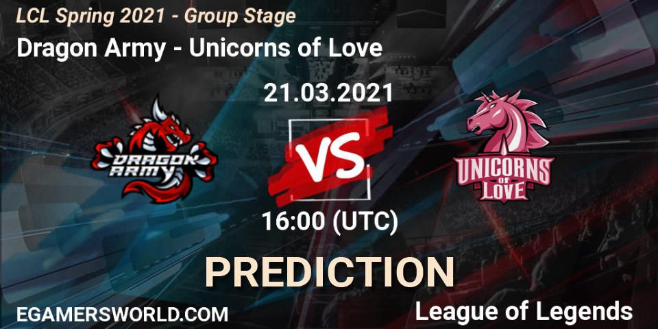 Dragon Army vs Unicorns of Love: Match Prediction. 21.03.2021 at 16:00, LoL, LCL Spring 2021 - Group Stage