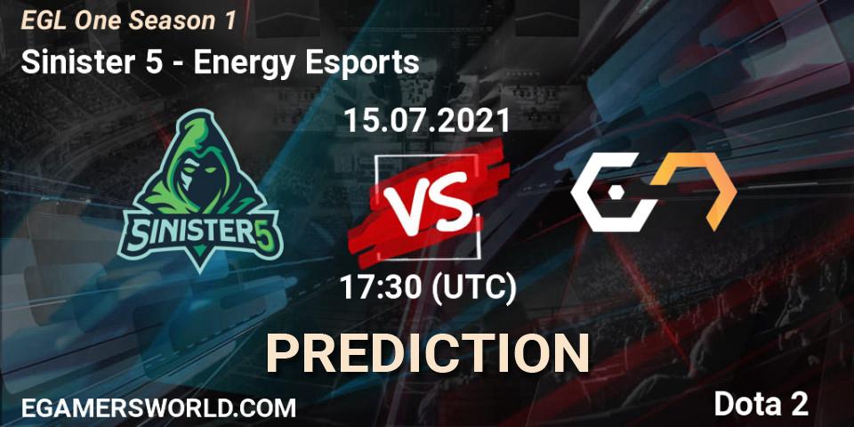 Sinister 5 vs Energy Esports: Match Prediction. 15.07.2021 at 17:33, Dota 2, EGL One Season 1