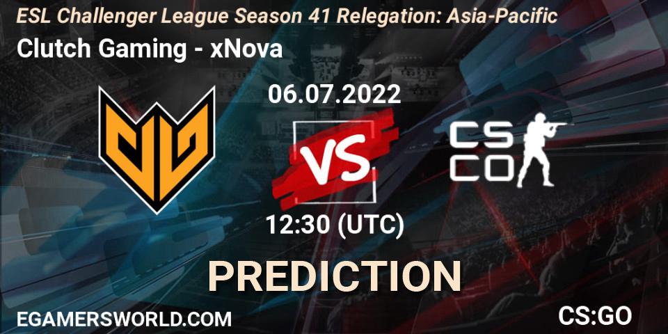 Clutch Gaming vs xNova: Match Prediction. 06.07.2022 at 12:30, Counter-Strike (CS2), ESL Challenger League Season 41 Relegation: Asia-Pacific