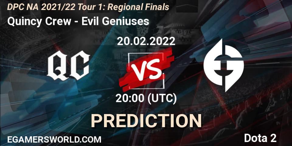 Quincy Crew vs Evil Geniuses: Match Prediction. 20.02.2022 at 19:55, Dota 2, DPC NA 2021/22 Tour 1: Regional Finals