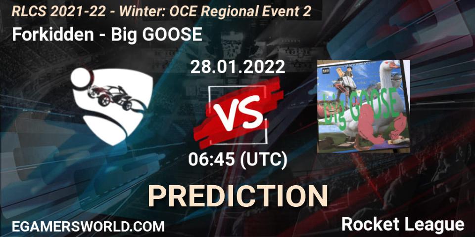 Forkidden vs Big GOOSE: Match Prediction. 28.01.2022 at 06:45, Rocket League, RLCS 2021-22 - Winter: OCE Regional Event 2
