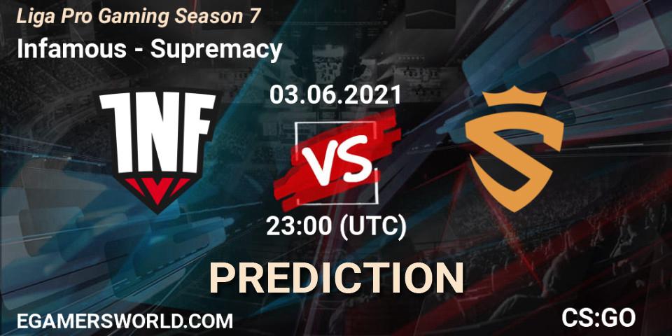 Infamous vs Supremacy: Match Prediction. 03.06.2021 at 23:00, Counter-Strike (CS2), Liga Pro Gaming Season 7
