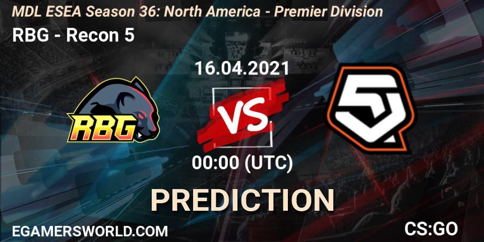 RBG vs Recon 5: Match Prediction. 16.04.2021 at 00:00, Counter-Strike (CS2), MDL ESEA Season 36: North America - Premier Division