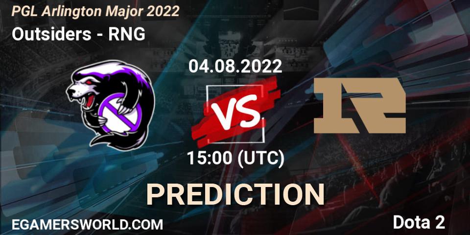 Outsiders vs RNG: Match Prediction. 04.08.2022 at 15:12, Dota 2, PGL Arlington Major 2022 - Group Stage
