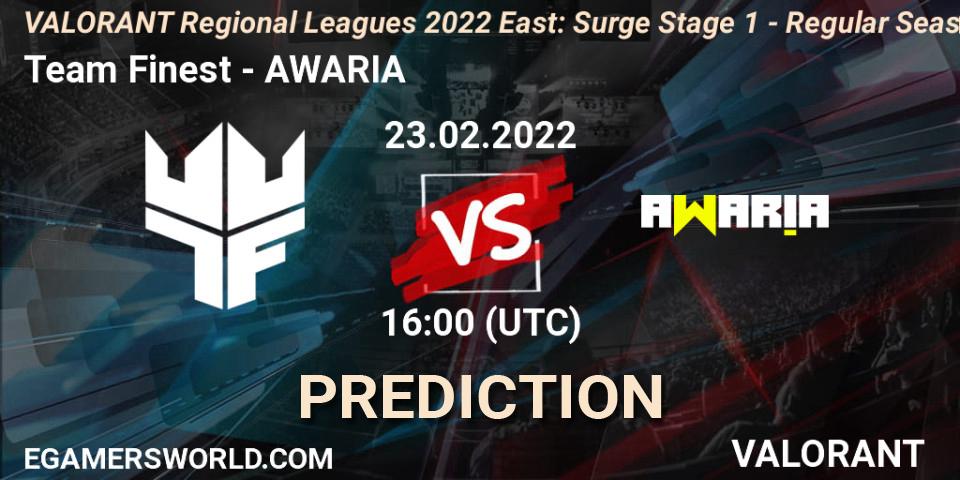 Team Finest vs AWARIA: Match Prediction. 23.02.2022 at 16:00, VALORANT, VALORANT Regional Leagues 2022 East: Surge Stage 1 - Regular Season