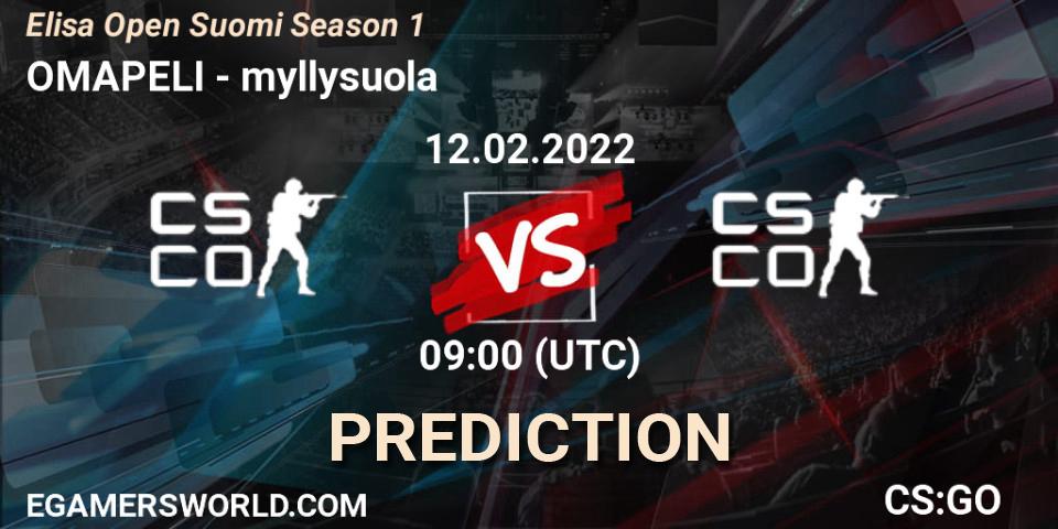 OMAPELI vs myllysuola: Match Prediction. 12.02.2022 at 09:00, Counter-Strike (CS2), Elisa Open Suomi Season 1