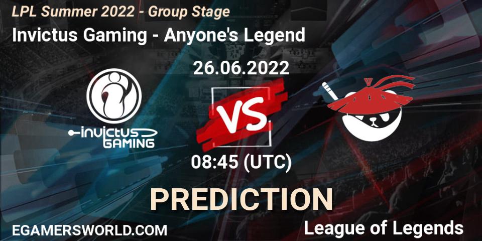 Invictus Gaming vs Anyone's Legend: Match Prediction. 26.06.2022 at 09:00, LoL, LPL Summer 2022 - Group Stage