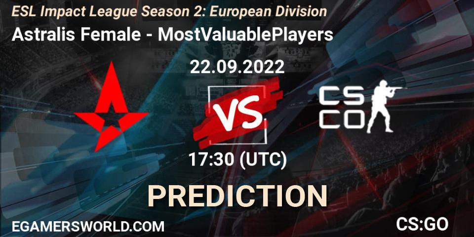 Astralis Female vs MostValuablePlayers: Match Prediction. 22.09.2022 at 17:30, Counter-Strike (CS2), ESL Impact League Season 2: European Division