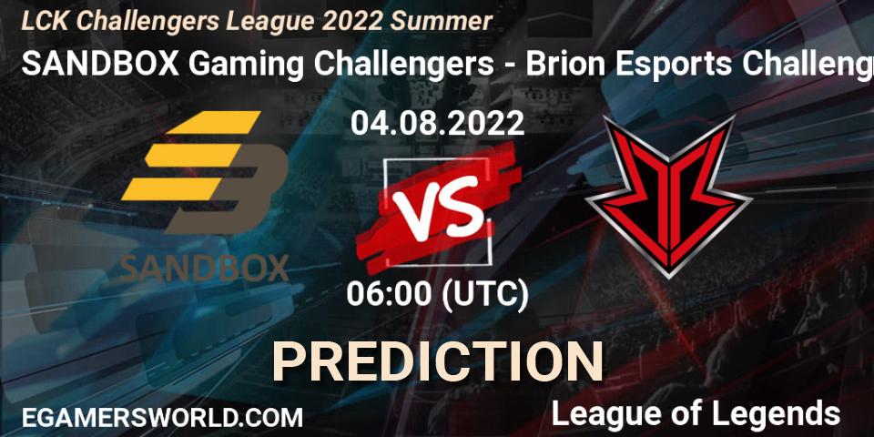 SANDBOX Gaming Challengers vs Brion Esports Challengers: Match Prediction. 04.08.2022 at 06:00, LoL, LCK Challengers League 2022 Summer