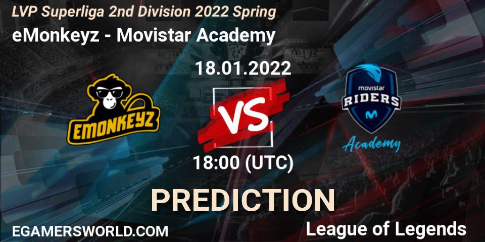 eMonkeyz vs Movistar Academy: Match Prediction. 19.01.2022 at 18:00, LoL, LVP Superliga 2nd Division 2022 Spring