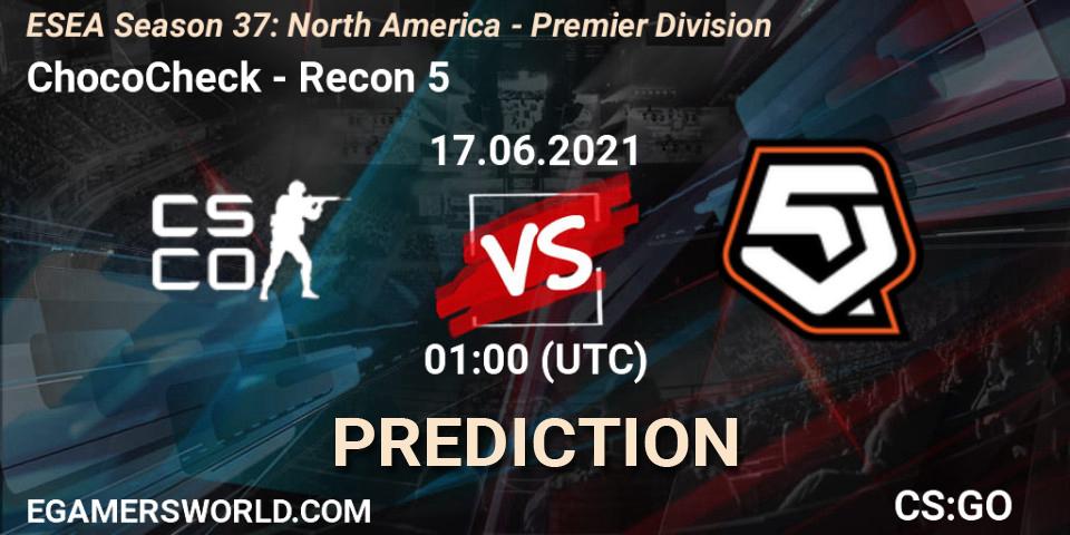 ChocoCheck vs Recon 5: Match Prediction. 17.06.2021 at 01:00, Counter-Strike (CS2), ESEA Season 37: North America - Premier Division