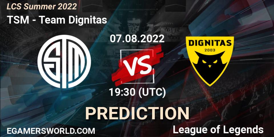 TSM vs Team Dignitas: Match Prediction. 07.08.2022 at 23:45, LoL, LCS Summer 2022