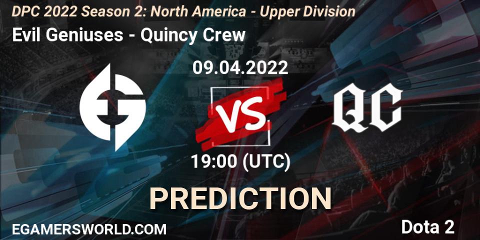 Evil Geniuses vs Quincy Crew: Match Prediction. 09.04.2022 at 19:17, Dota 2, DPC 2021/2022 Tour 2 (Season 2): NA Division I (Upper) - ESL One Spring 2022
