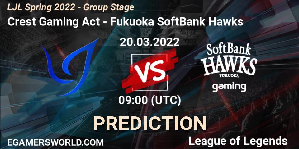 Crest Gaming Act vs Fukuoka SoftBank Hawks: Match Prediction. 20.03.2022 at 09:00, LoL, LJL Spring 2022 - Group Stage