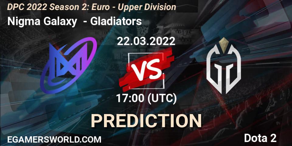 Nigma Galaxy vs Gladiators: Match Prediction. 03.04.2022 at 14:55, Dota 2, DPC 2021/2022 Tour 2 (Season 2): WEU (Euro) Divison I (Upper) - DreamLeague Season 17