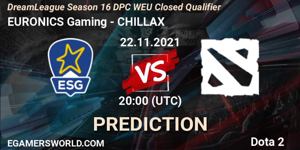 EURONICS Gaming vs CHILLAX: Match Prediction. 22.11.2021 at 21:05, Dota 2, DPC 2022 Season 1: Euro - Closed Qualifier (DreamLeague Season 16)