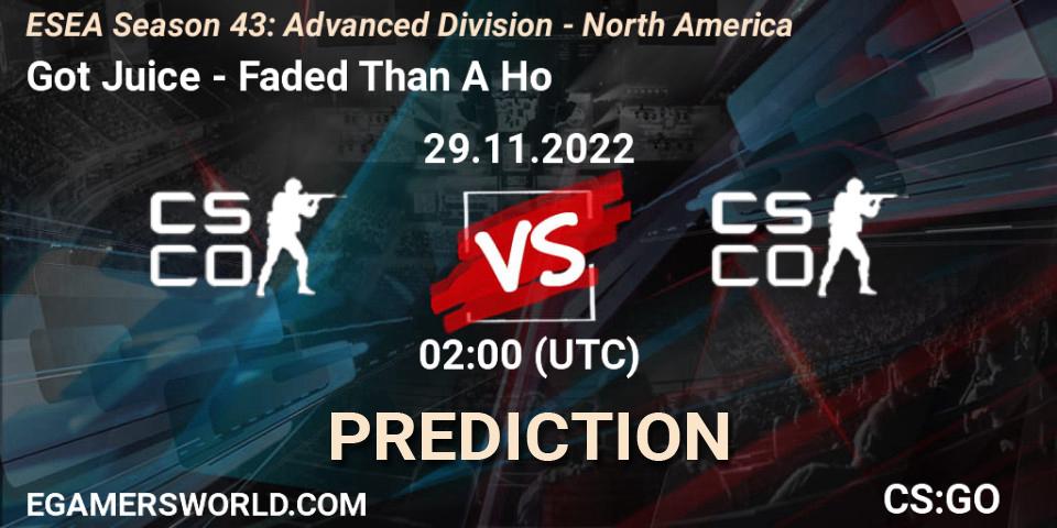 Got Juice vs Faded Than A Ho: Match Prediction. 29.11.22, CS2 (CS:GO), ESEA Season 43: Advanced Division - North America