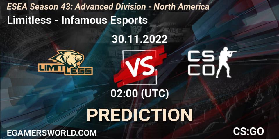 Limitless vs Infamous Esports: Match Prediction. 30.11.22, CS2 (CS:GO), ESEA Season 43: Advanced Division - North America