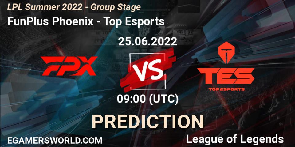 FunPlus Phoenix vs Top Esports: Match Prediction. 25.06.2022 at 10:00, LoL, LPL Summer 2022 - Group Stage