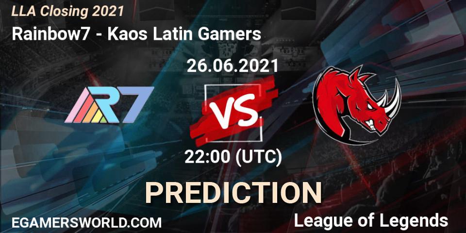 Rainbow7 vs Kaos Latin Gamers: Match Prediction. 26.06.2021 at 22:00, LoL, LLA Closing 2021