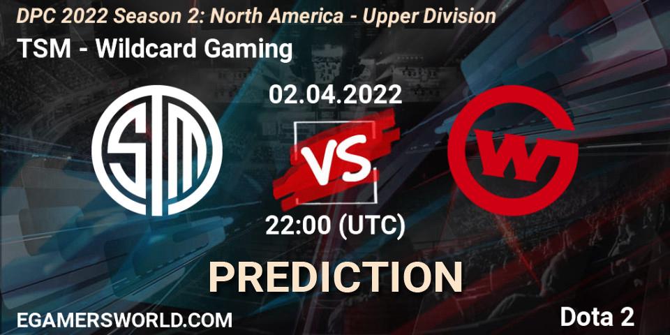 TSM vs Wildcard Gaming: Match Prediction. 02.04.2022 at 21:55, Dota 2, DPC 2021/2022 Tour 2 (Season 2): NA Division I (Upper) - ESL One Spring 2022