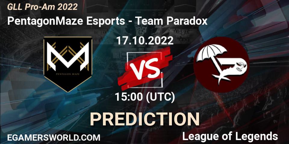 PentagonMaze Esports vs Team Paradox: Match Prediction. 17.10.2022 at 18:30, LoL, GLL Pro-Am 2022