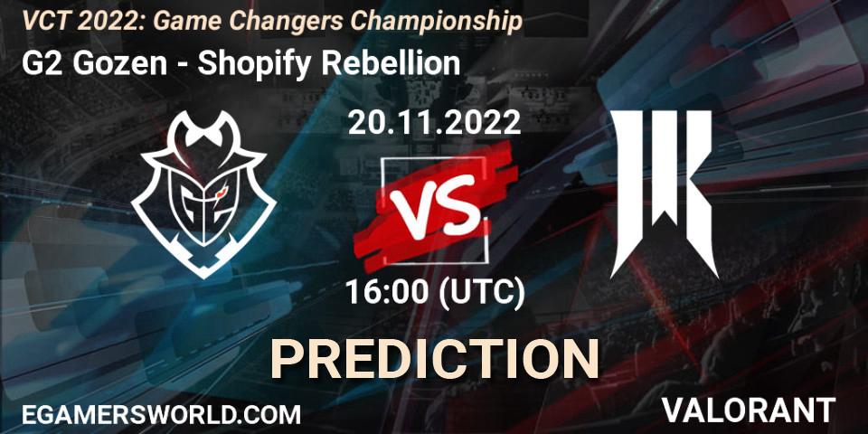 G2 Gozen vs Shopify Rebellion: Match Prediction. 20.11.2022 at 16:15, VALORANT, VCT 2022: Game Changers Championship