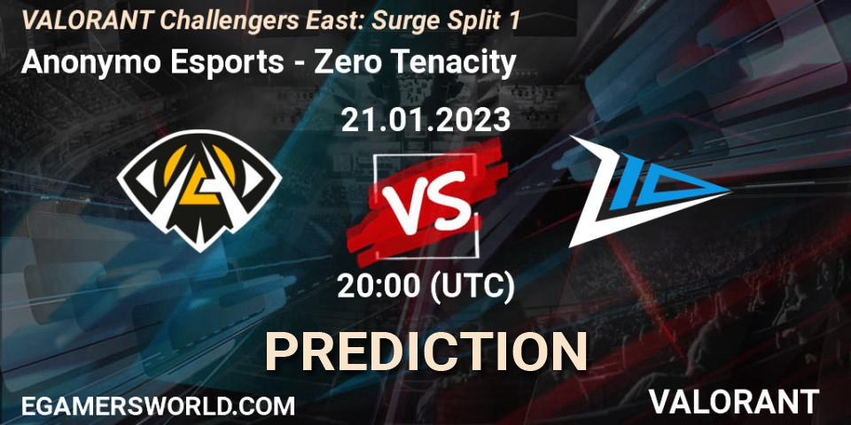 Anonymo Esports vs Zero Tenacity: Match Prediction. 21.01.2023 at 20:35, VALORANT, VALORANT Challengers 2023 East: Surge Split 1