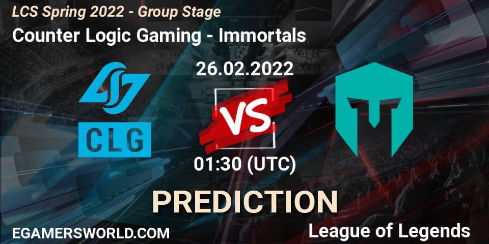 Counter Logic Gaming vs Immortals: Match Prediction. 26.02.2022 at 01:30, LoL, LCS Spring 2022 - Group Stage